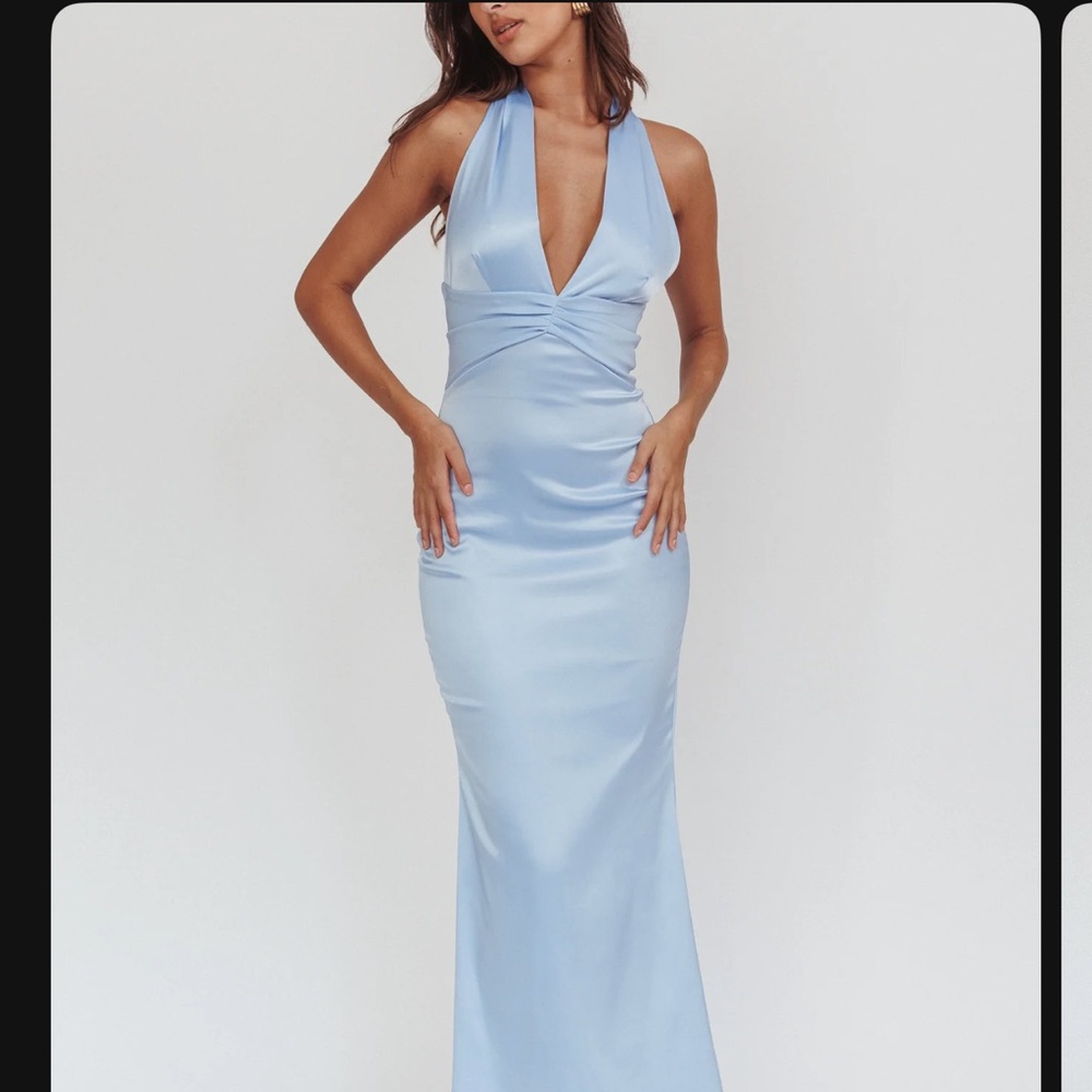 Selfie Leslie Italia Azure Pleat Bodice Halterneck Maxi Dress Light Blue